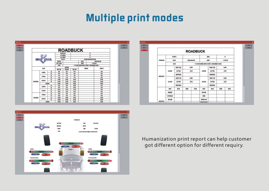 Multiple print modes of wheel aligner system